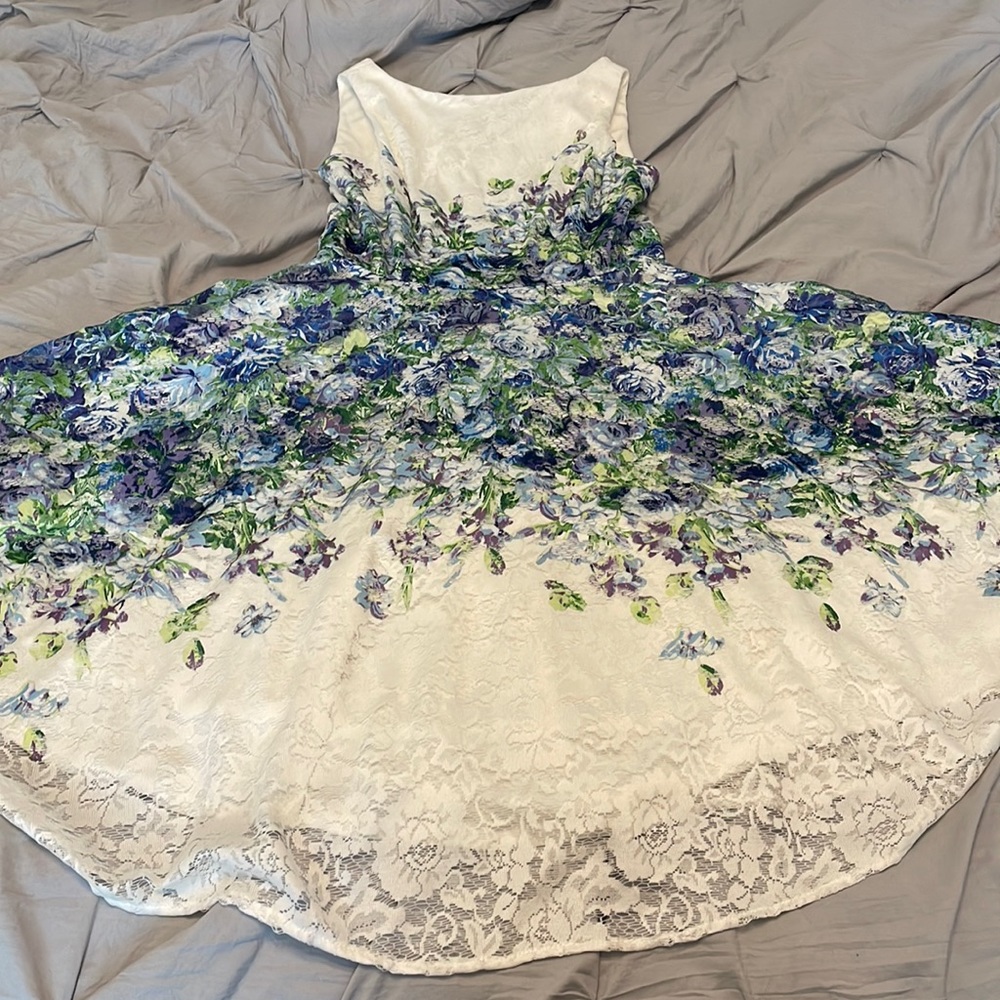 Danny & Nicole Dress- White With Blue and Purple Flower Pattern- Size 10